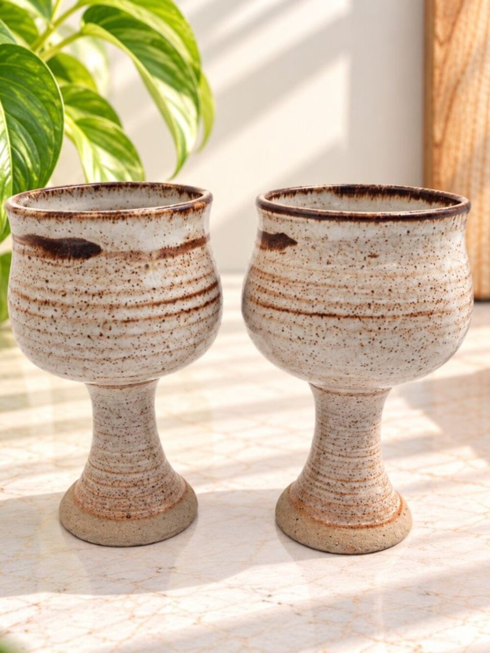 Pair of Vintage Handmade Ceramic Goblets With Brown Speckled Glaze Rustic Potter